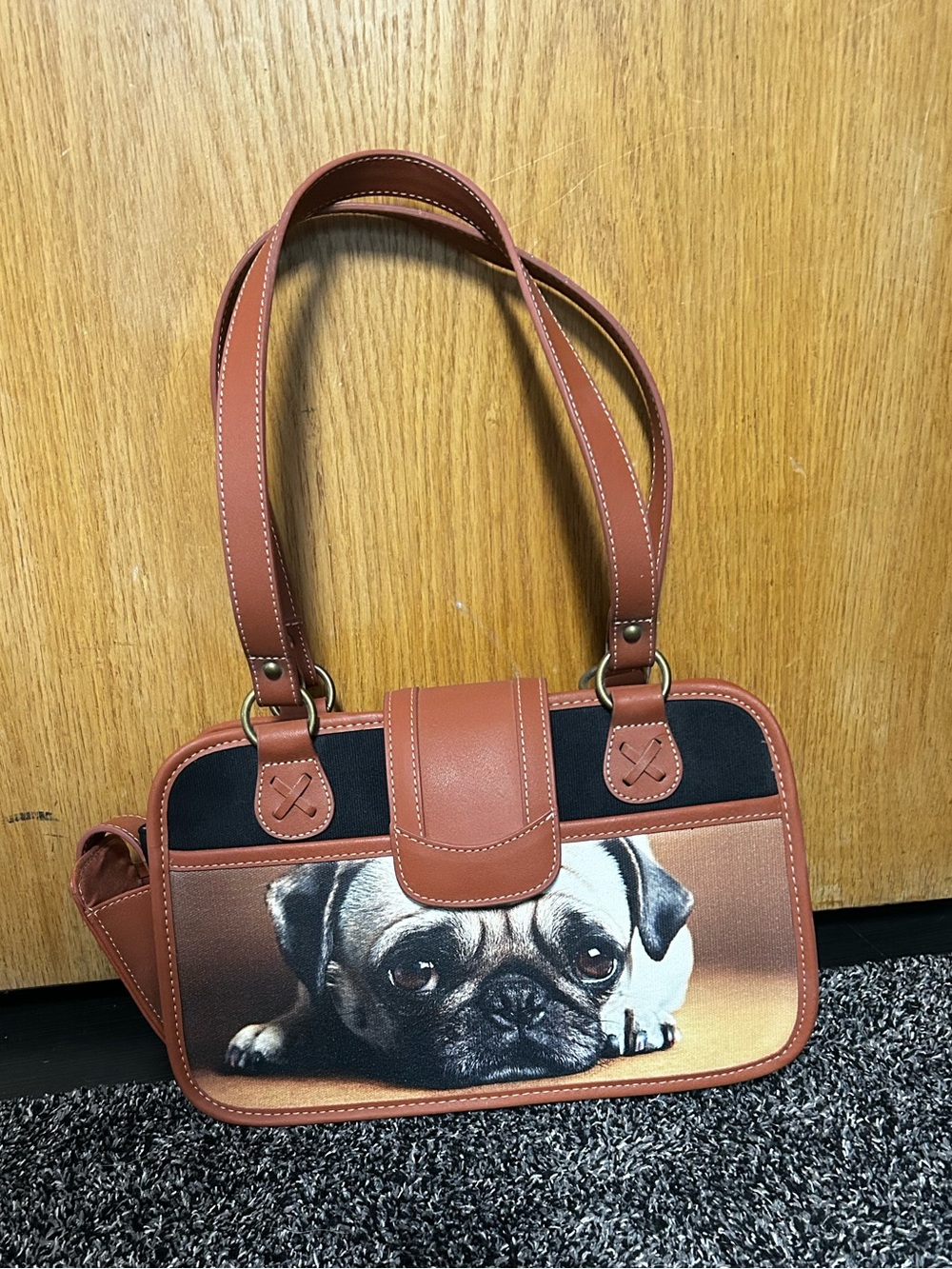 Brown Pug Print Shoulder Bag - Women